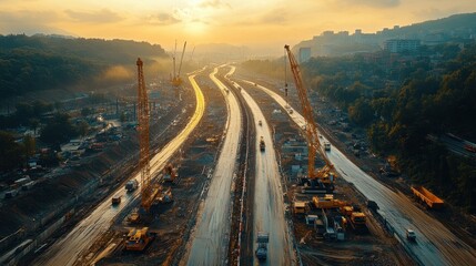 Construction site at sunset with cranes and machinery.