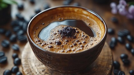 A rich cup of coffee surrounded by coffee beans on a wooden surface.