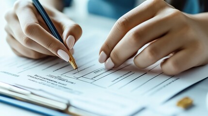 Close-up of a person's hands filling out a form with a pen, focusing on detailed paperwork.
