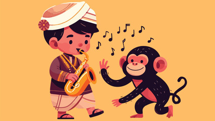 illustration of a little boy playing a Saxophone accompanied by a chimpanzee