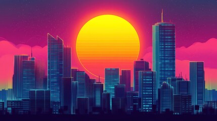 Fototapeta premium A vibrant sunset over a modern city skyline, showcasing colorful graphic design elements.