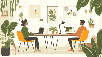 Illustration of a home office for couples, designed to balance work and collaboration, with space-saving furniture and ergonomic setups, illustrations