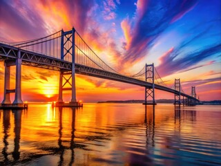 Obraz premium Scenic View of the Bay Bridge in Maryland during Sunset with Calm Waters and Vibrant Sky Colors