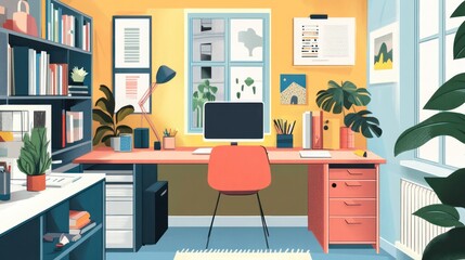 Illustration of a home office where modular design allows for easy rearrangement, adapting to the userâ€™s changing work needs, illustrations