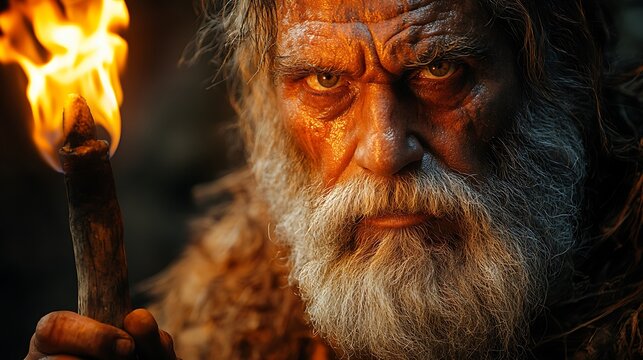 A close-up portrait of a fierce, primitive man holding a burning torch.