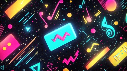 A vibrant, abstract design featuring musical notes and geometric shapes on a dark background.