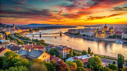 Fototapeta premium Scenic view of the Danube River flowing through the historic cityscape of Hungary at sunset