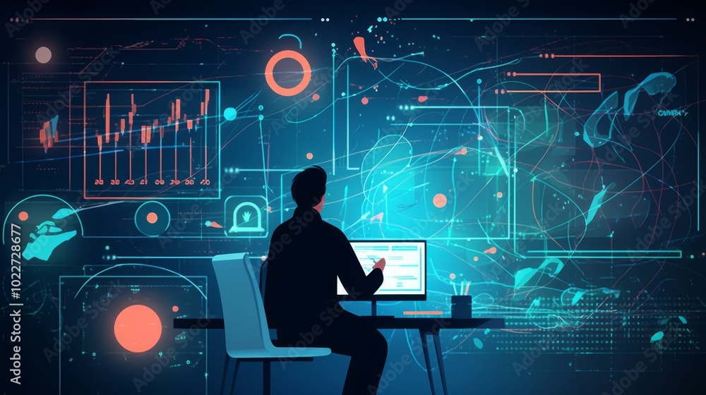 Poster a man is sitting at a desk with a computer monitor in front of him