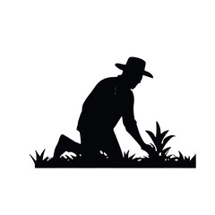 A silhouette of a farmer or gardener working in a field or garden