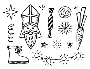 Set of elements for St. Nicholas Day, Sinterklaas. Carrot, shoe, garland of lanterns, candy and snowflakes. Simple vector ink sketch.