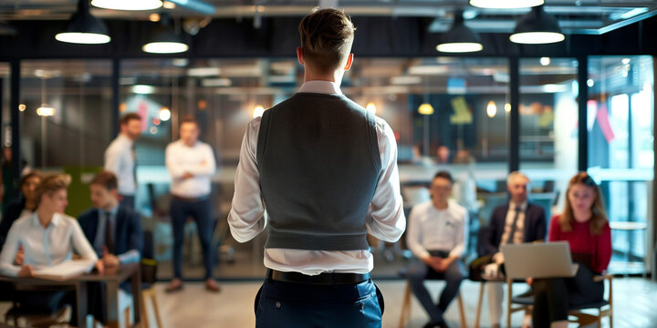 Professional Businessman Delivering Presentation in Modern Office Environment