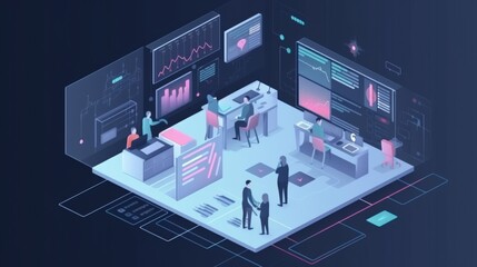 A group of people are standing in a room with a computer monitor on the wall