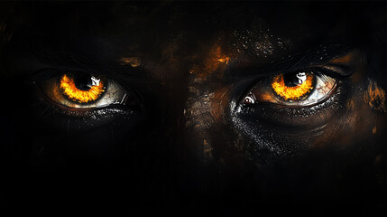 In an almost entirely dark scene, a pair of vividly glowing eyes peer from the shadows. The eyes are rendered with sharp details, showcasing reflections and textures, while the surrounding darkness cr