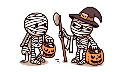halloween pumpkin and mummy, cartoon illustration