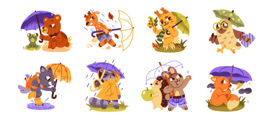 Obraz premium Baby animals with umbrella at rainy weather set. Cute fox is scared of thunderstorm. Forest friends hide from autumn rain under parasol, canopy. Flat isolated vector illustrations on white background