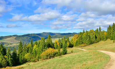 Scene in Pieniny mountains on a warm and sunny autumn day, Szczawnica, Poland
