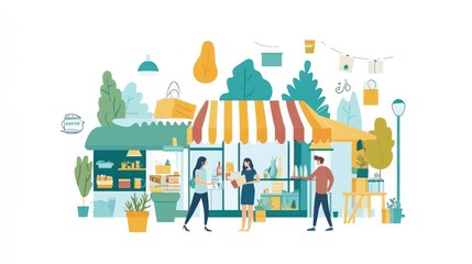 Illustration of businesses using sustainable marketing practices, promoting eco-friendly products and ethical business models, illustrations