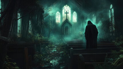 Fototapeta premium A ghostly with a menacing aura, haunting the deserted pews of an old, abandoned church, the atmosphere filled with a sense of dread and foreboding.