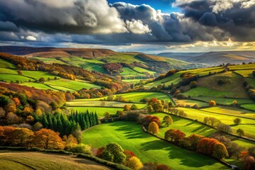 Fototapeta premium Scenic Yorkshire Landscape with Rolling Hills, Green Fields, and Dramatic Cloudy Sky in Autumn