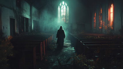 In the shadowy aisles of a forsaken church, a ghostly presence with a sinister aura haunts the vacant pews, amplifying the eerie silence with a chilling atmosphere of fear.