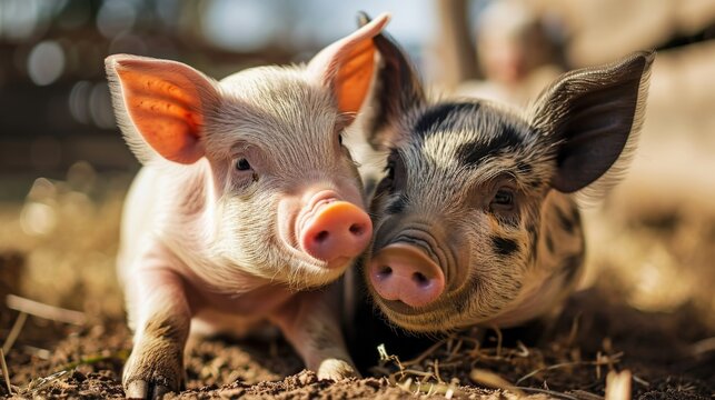 Adorable piglets snuggling together on a farm, heartwarming bond of farm animals in a sunny field
