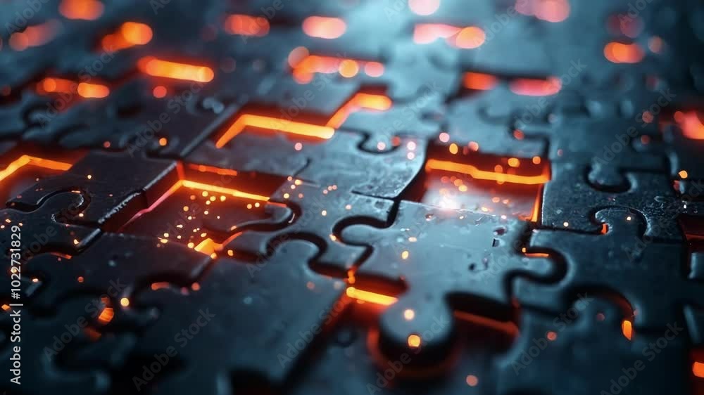 Poster abstract image of glowing puzzle pieces forming a complex and interconnected structure, symbolizing 