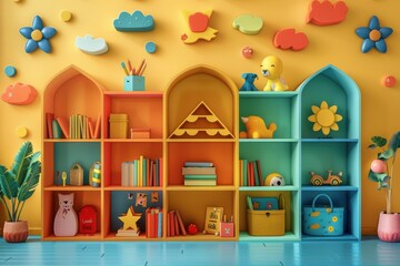 Colorful toy storage shelf filled with playful items in a cheerful room with blue and yellow accents