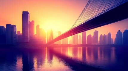 City skyline at sunset with a bridge reflection.