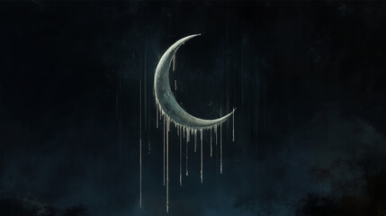 The scene shows only a crescent moon suspended in a deep, dark sky. From the moon, sharp, clear beams of light drip down like liquid, forming delicate strands that glow against the darkness. The minim