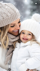 Mother and Child in Winter Snow Close-Up