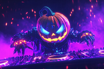 A menacing DJ with a glowing pumpkin head performing at a Halloween party with neon lights and eerie atmosphere
