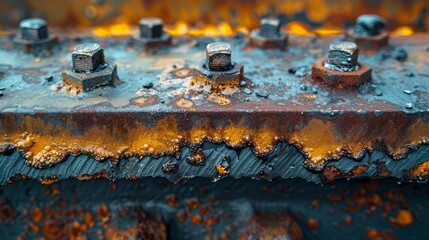 A close-up view of rusting metal bolts on a weathered surface reveals captivating textures and...