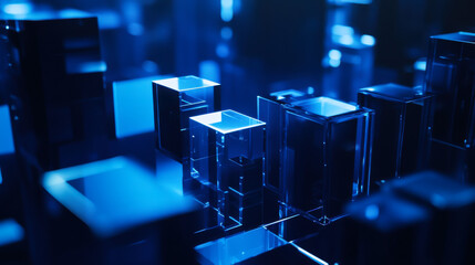 Abstract blue crystal structures illuminated in a dim environment create a striking visual effect of depth and dimensionality