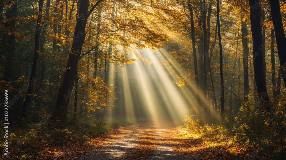 Aufkleber sunlight filters through autumn trees on a peaceful forest path in the morning, creating a serene an