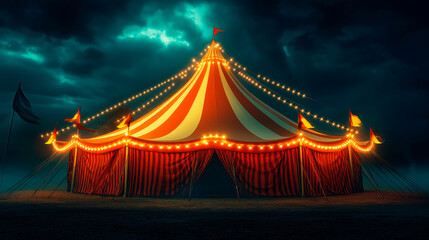 Lit circus tent with striped patterns and dramatic sky at night