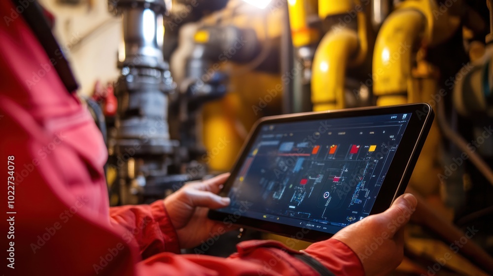 Poster a digital tablet showing drilling automation settings for a water well, with the operator using mobi