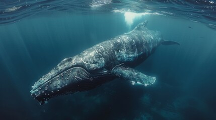 Naklejka premium A magnificent humpback whale swims serenely in crystal-clear waters, illuminated by sunlight filtering through the surface above