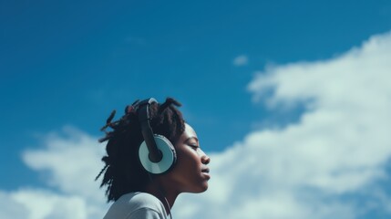 Fototapeta premium A person with headphones looks up into a vast, open sky, capturing a moment of inspiration and freedom through music.