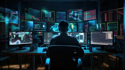 A person deeply engaged with numerous digital screens displaying vibrant, dynamic data, representing the cutting-edge world of technology.