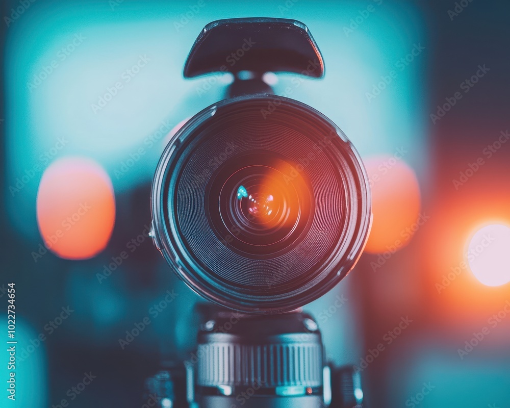 Poster a close-up view of a camera lens, showcasing intricate details and glowing lights, inviting explorat