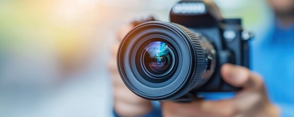A close-up of a camera lens held by a person, capturing a moment with a blurred background and soft sunlight.