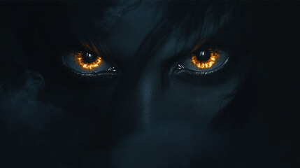 In an almost entirely dark scene, a pair of vividly glowing eyes peer from the shadows. The eyes are rendered with sharp details, showcasing reflections and textures, while the surrounding darkness cr