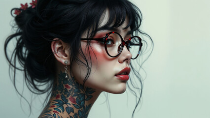 Female face with tattoos, isolated on delicate background, close-up