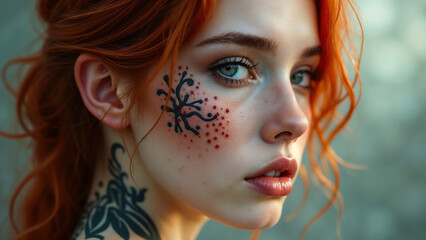 Obraz premium Female face with tattoos, isolated on delicate background, close-up