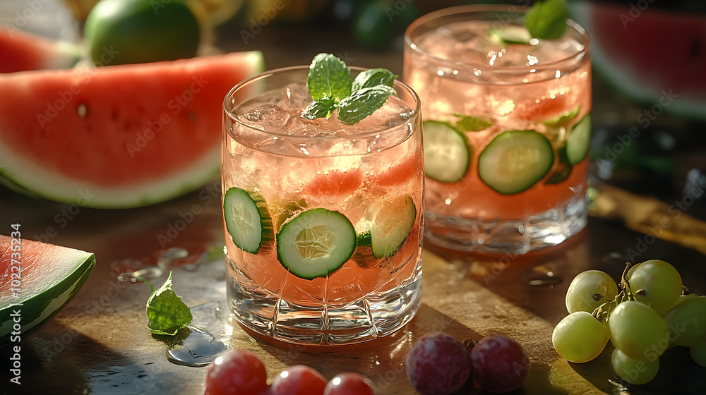 Poster a close up of two glasses of watermelon and cucumber drink on a table with grapes and watermelon sli