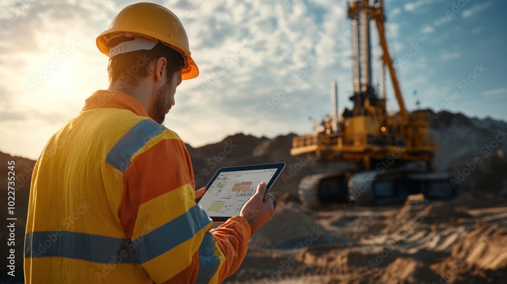 Poster a drilling operator using a tablet for real-time control of a mineral exploration rig, highlighting 