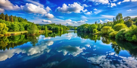 Naklejka premium Serene Blue Skies Reflected in a Tranquil Lake Surrounded by Lush Greenery and Vibrant Nature