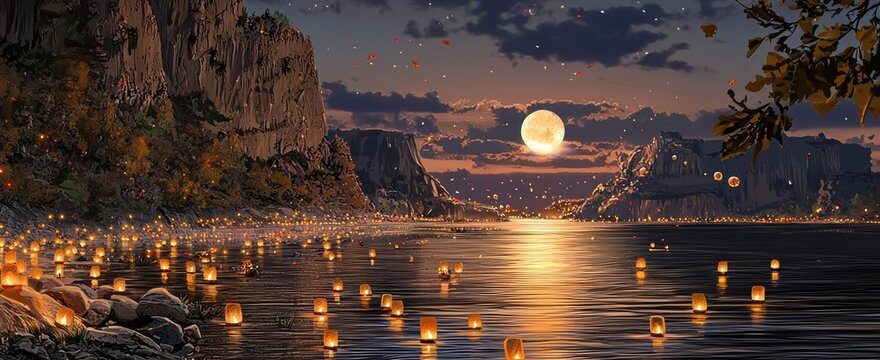 Serene evening by the river with glowing lanterns, silhouettes of people, and a moonlit sky reflecting on tranquil water.