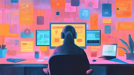 Illustration of inclusive remote work practices for neurodiverse individuals, with accommodations that support focus and productivity, illustrations