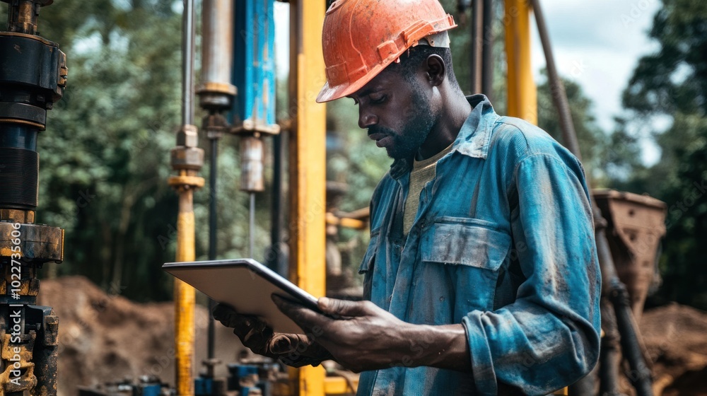Poster a drilling operator using a tablet to control an artisan water drilling rig, optimizing the process 
